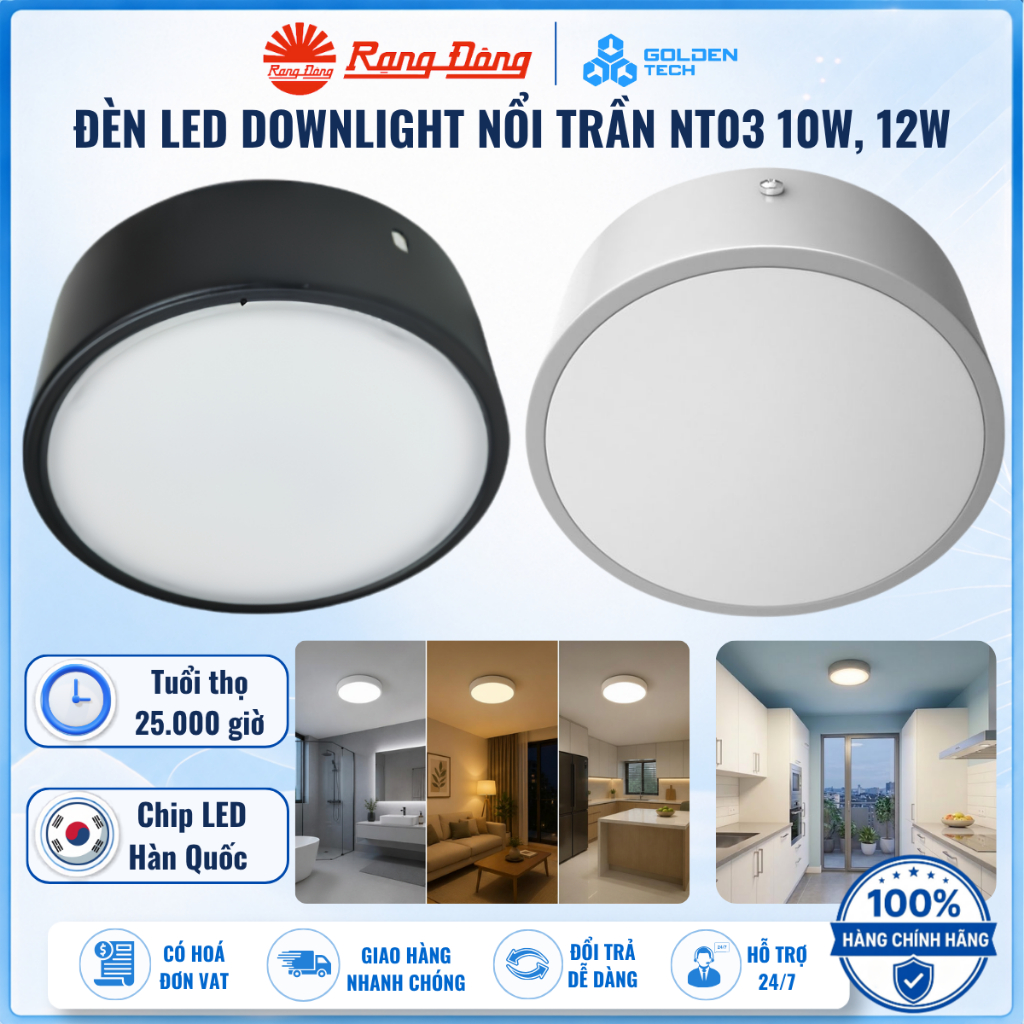 Đèn LED Downlight nổi trần Rạng Đông Đèn ống bơ NT03 10W 12W Đường kính 120mm Model NT03 120