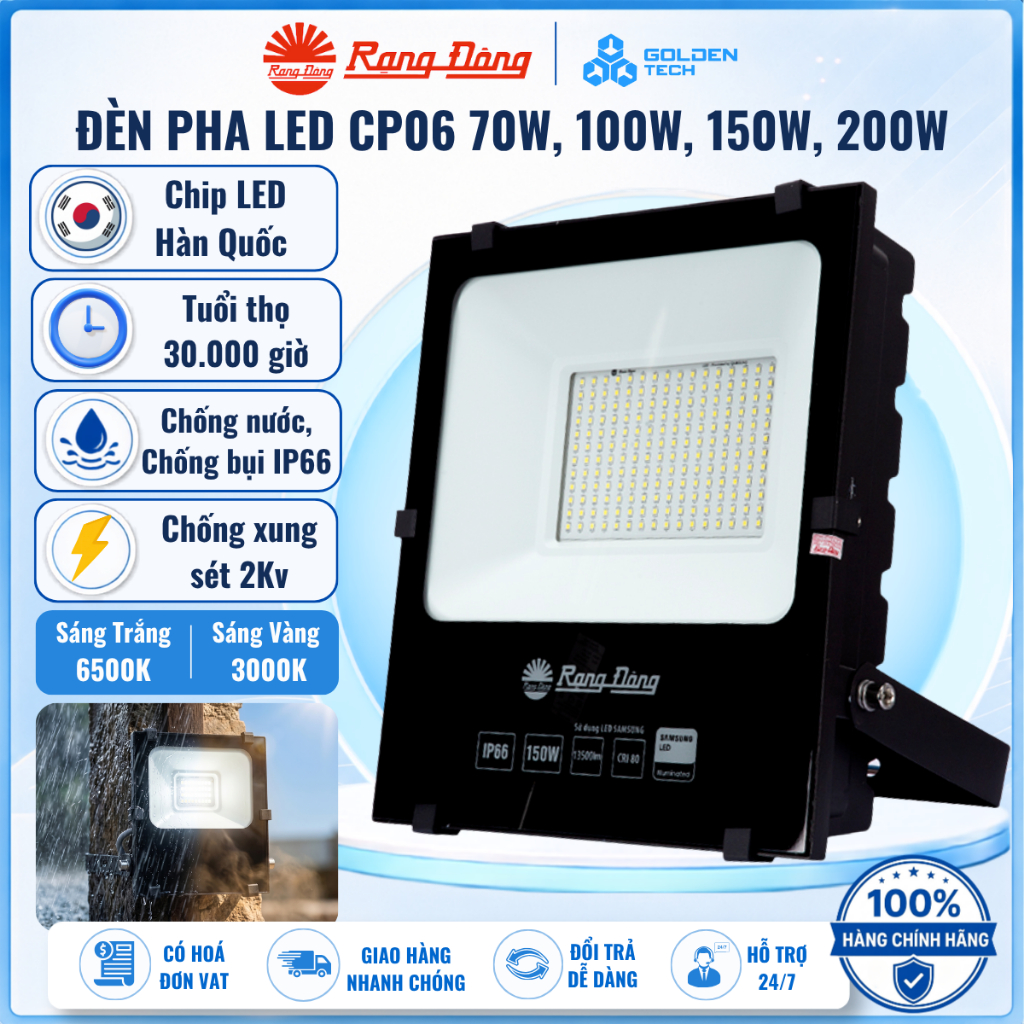Đèn Led chiếu pha Rạng Đông 70W-100W-150W-200W Chống nước IP66, siêu sáng, tiết kiệm điện CP06