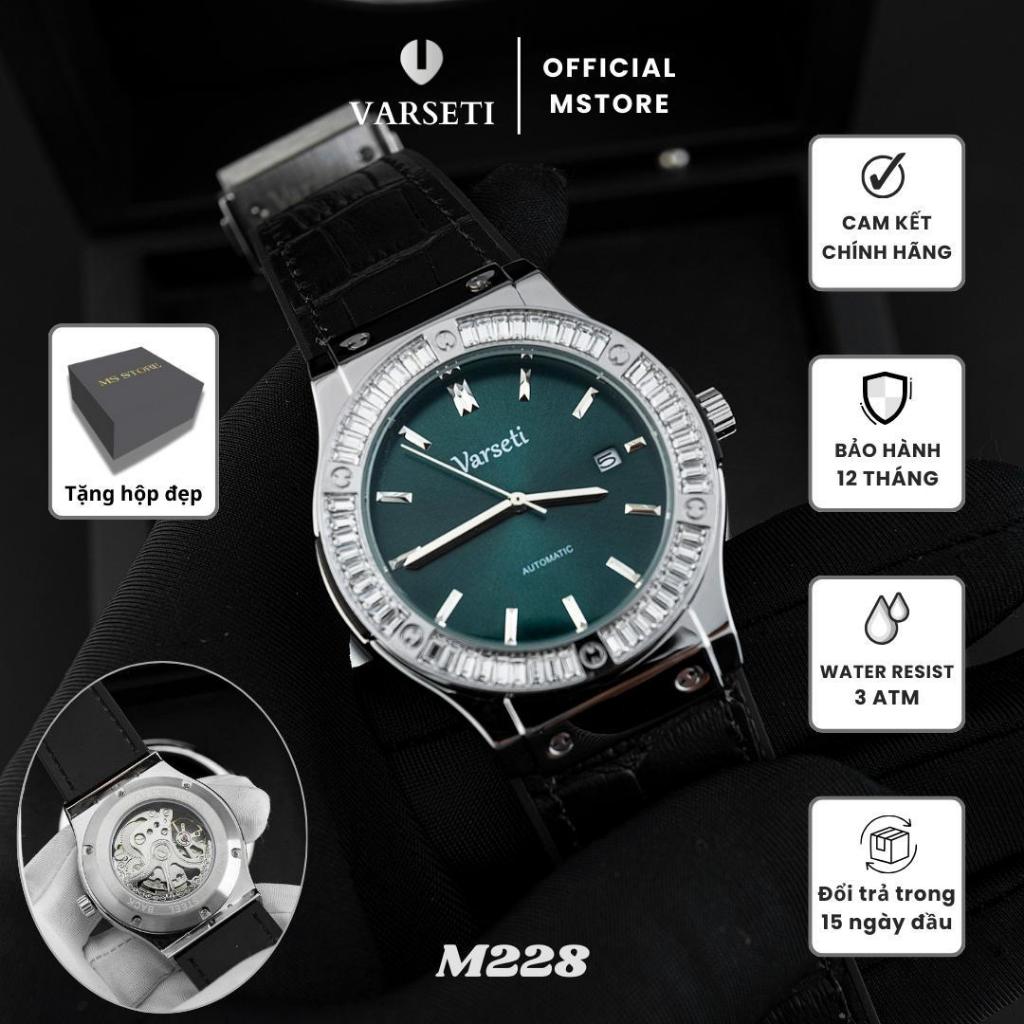 M228 - Đồng hồ Cơ Varseti Automatic nam dây da đen – Mặt xanh rêu sunburst, viền đá baguette sang tr