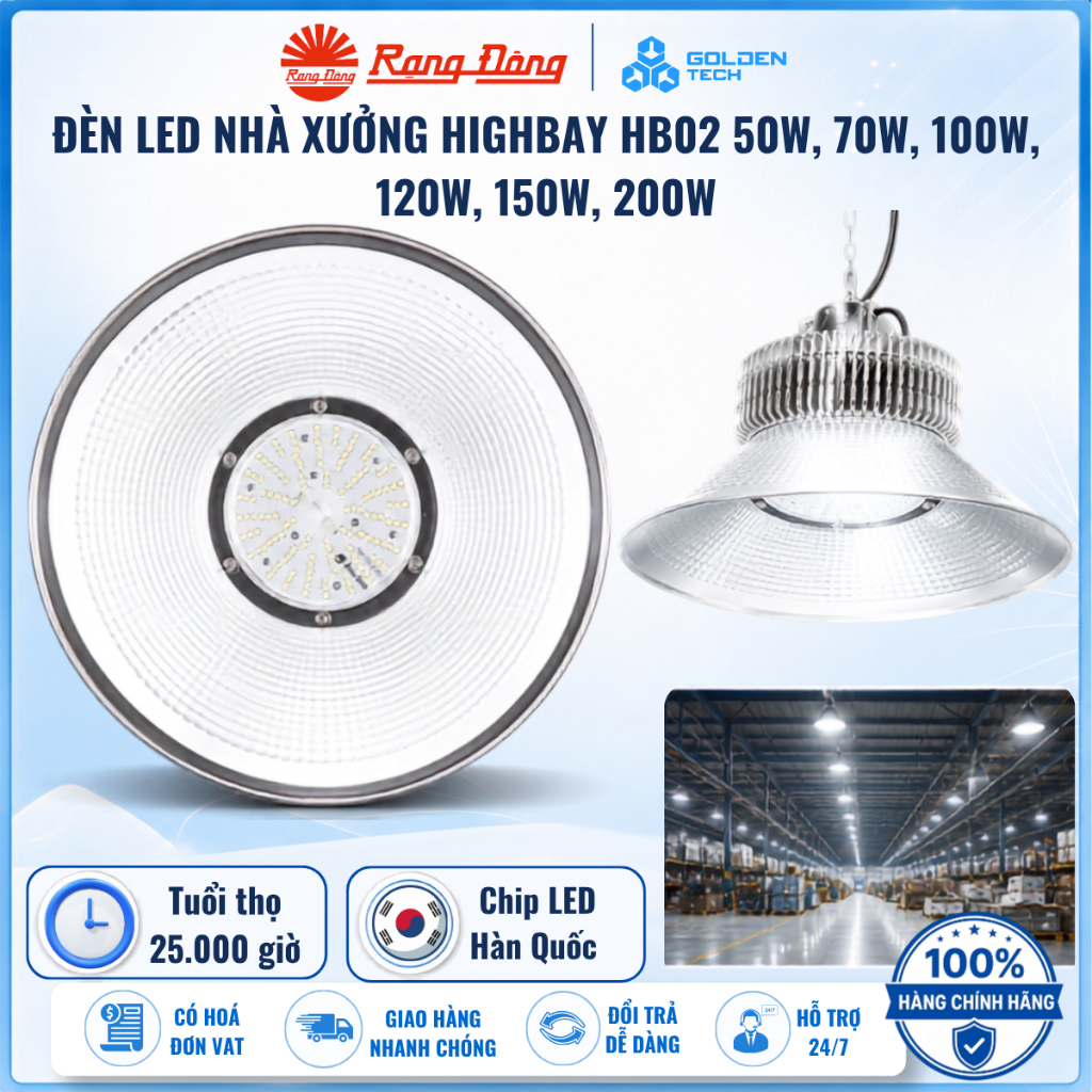 Đèn Led Highbay Nhà xưởng 50W-70W-100W-120W-150W-200W Bền bỉ Chip LED Hàn Quốc Rạng Đông HB02