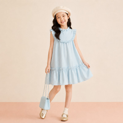 Đầm bé gái TIHON cao cấp váy thô hoa in chìm cổ bèo phong cách tiểu thư Hàn Quốc cho bé VT0744182