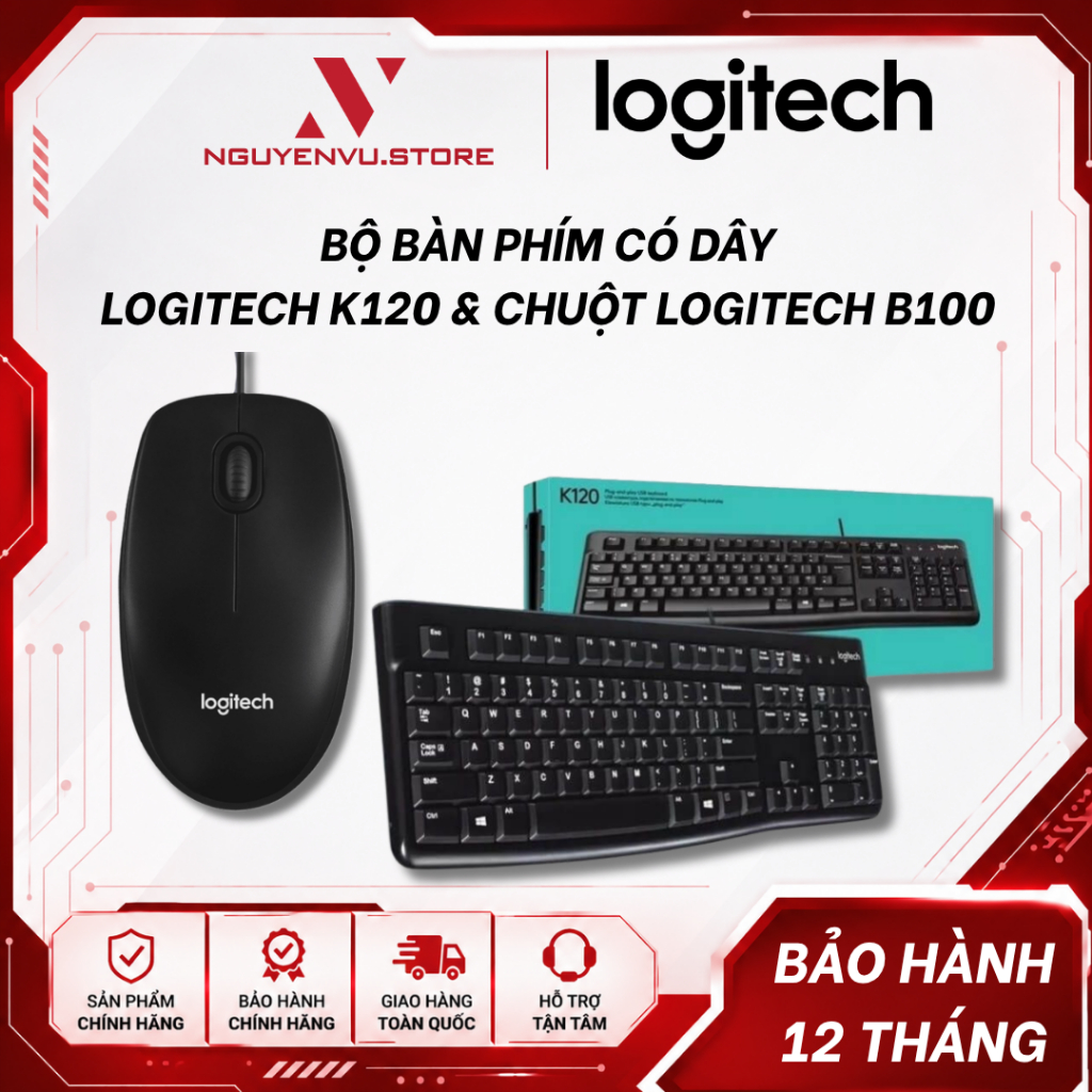 Bộ bàn phím Logitech K120 + chuột Logitech B100 - Hàng Chính Hãng