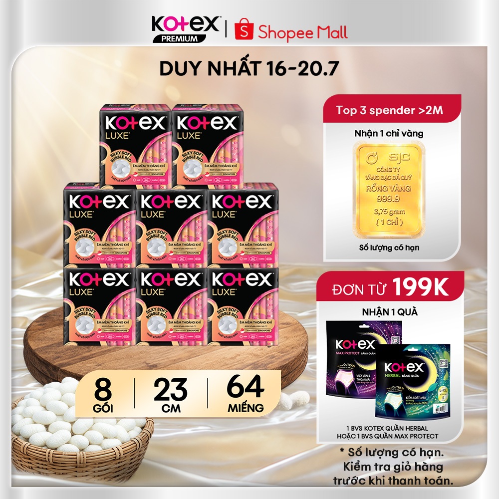 [KOL LIVE] Lốc 8 Băng vệ sinh Kotex LUXE Ngày Cánh 23cm 8 miếng