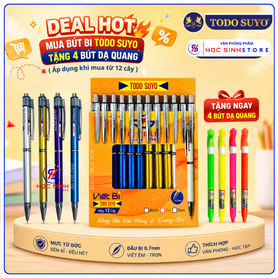 [MUA TỪ 12 CÂY TẶNG 4 BÚT DẠ QUANG] Hộp 12 Cây Bút Bi Bấm Todo Suyo Ngòi Bi 0.7mm Thụy Sĩ, Mực Xanh 