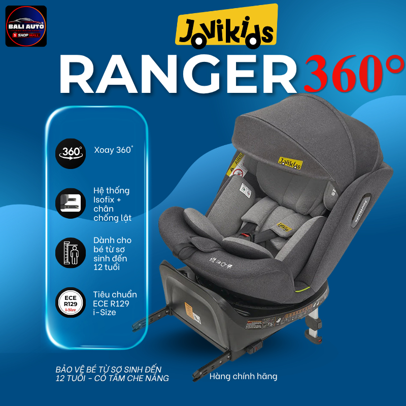 Ghế ngồi cho bé Jovikids Ranger chính hãng - Xoay 360° ISOFIX + Chân chống lật cho bé từ 0-12 tuổi
