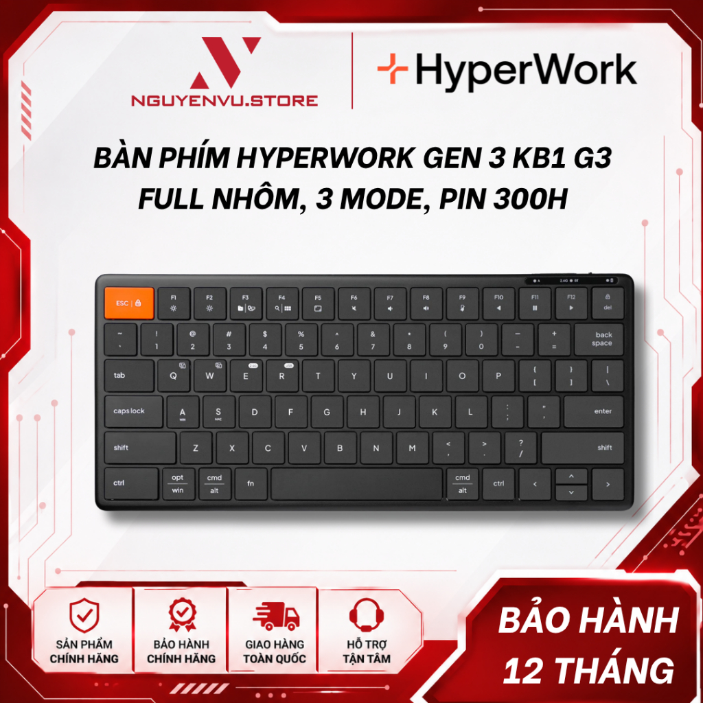 Bàn phím Hyperwork HyperOne Gen 3 KB1 G3 - Full nhôm, 3 mode, Pin 300h - Hàng chính hãng