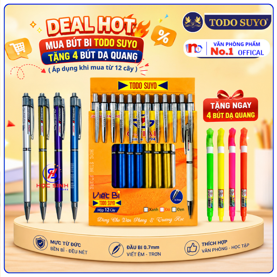 [MUA TỪ 12 CÂY TẶNG 4 BÚT DẠ QUANG] Hộp 12 Cây Bút Bi Bấm Todo Suyo Ngòi Bi 0.7mm Thụy Sĩ, Mực Xanh 