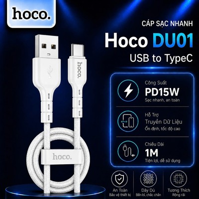 Cáp sạc nhanh và truyền dữ liệu PD15W Hoco DU01 USB to Type-C dùng cho 15 trở lên/Android dài 1M
