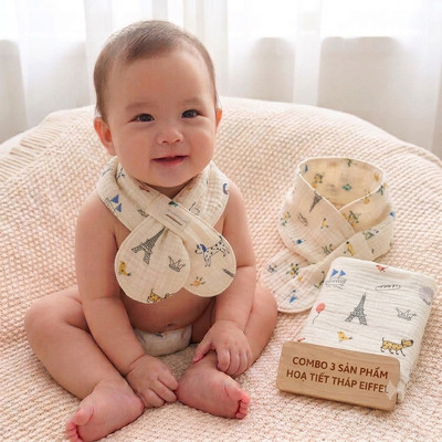 Combo 3 Khăn quàng cổ TILO muslin 4 lớp cho bé, Khăn giữ ấm cổ 100% cotton mềm mịn size 10x60cm