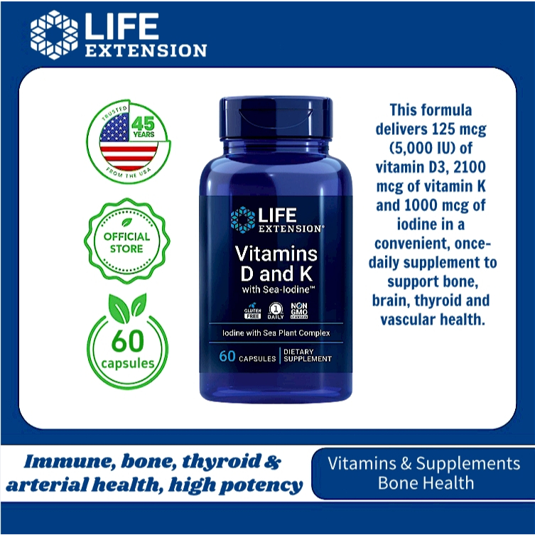 Life Extension Vitamin D3 K2 Sea Iodine 60 Capsules Bone Immune Support USA