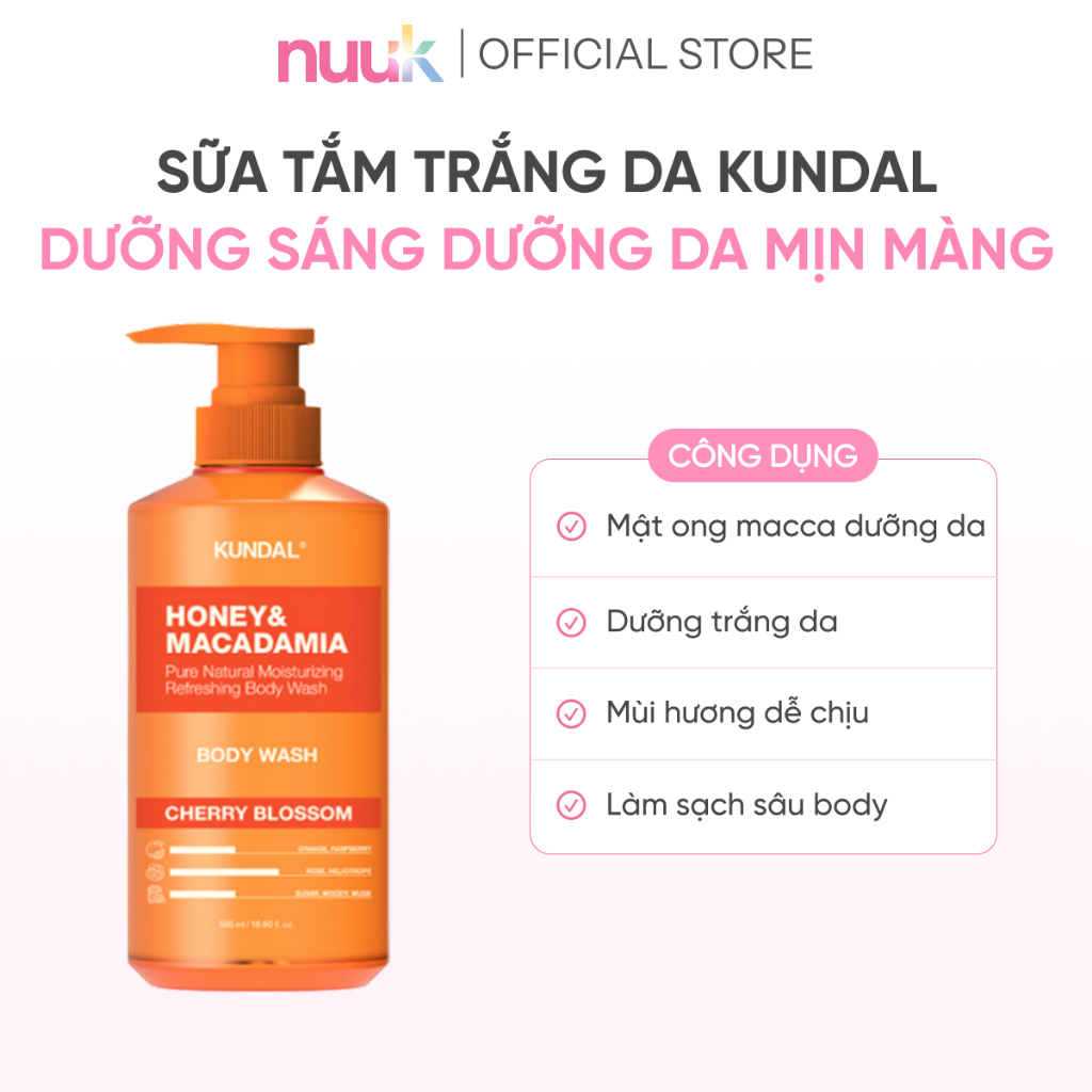 Sữa Tắm Dưỡng Ẩm Trắng Da KUNDAL Honey& Macadamia, Sữa Tắm Nha Đam Mật Ong Lưu Hương Lâu, An Toàn