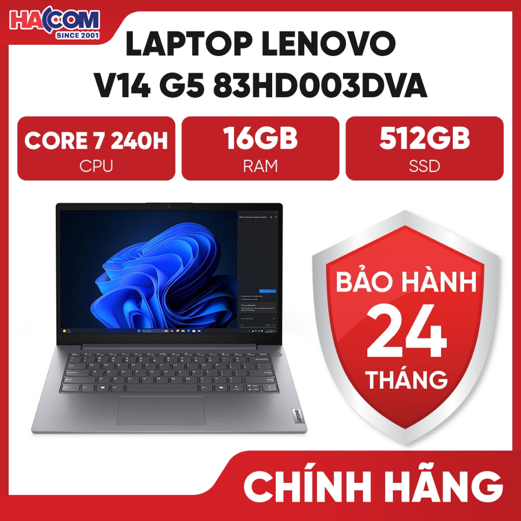 Laptop Lenovo V14 G5 83HD003DVA (Core 7 240H/16GB RAM D5/512GB SSD/14 FHD/Dos/Xám) HACOM PC - BH24TH