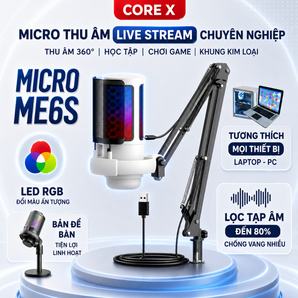 Micro Thu Âm Livestream Chuyên Nghiệp ShouFei ME6S Lọc Tạp Âm Core X, LED RGB, Thu Âm 360° Cho PC,La