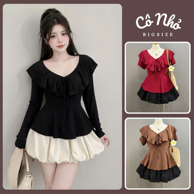 Áo Thun Tay Dài Bigsize Nữ Kiểu Peplum Vạt Xòe Cổ Tim Tôn Dáng Tiểu Thư Cho Chubby A337/A349