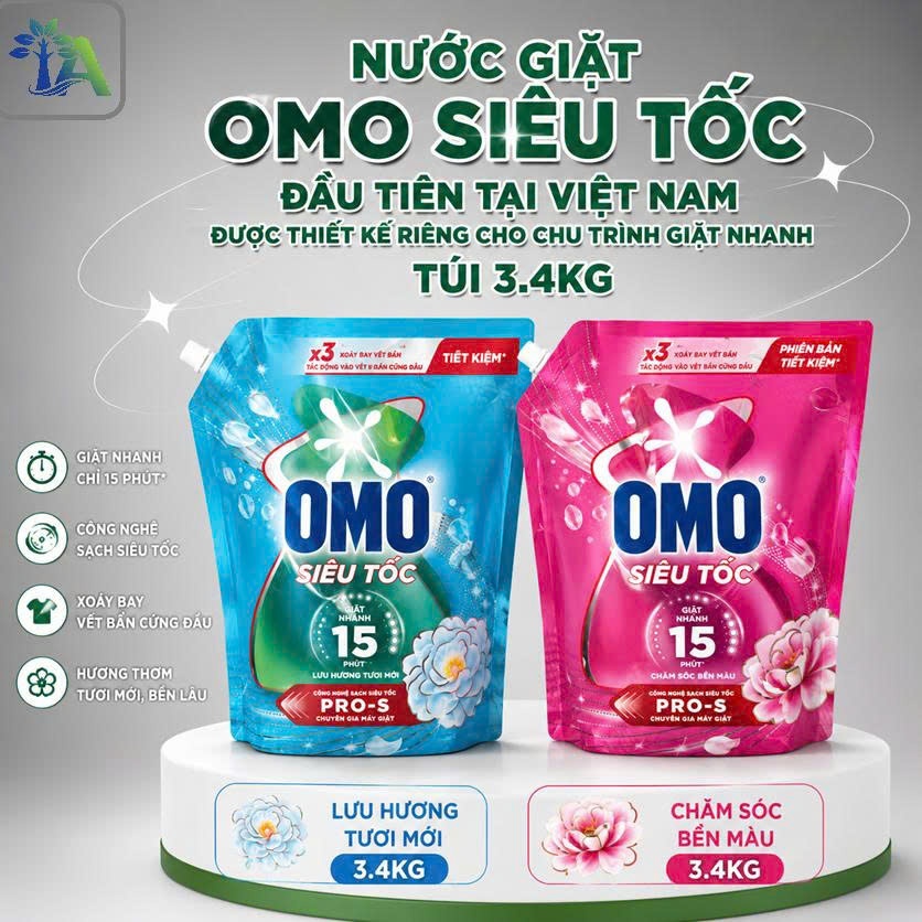 Nước giặt Omo Siêu Tốc đầu tiên tại Việt Nam, được thiết kế riêng cho chu trình giặt nhanh-Túi 3.4KG