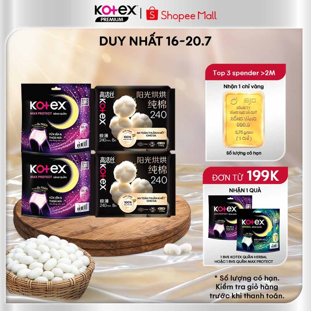 Combo 4 gói băng vệ sinh ngày & băng quần đêm - 2 Kotex Cranberry/Cotton/Cicada + 2 Kotex Cool/Herba