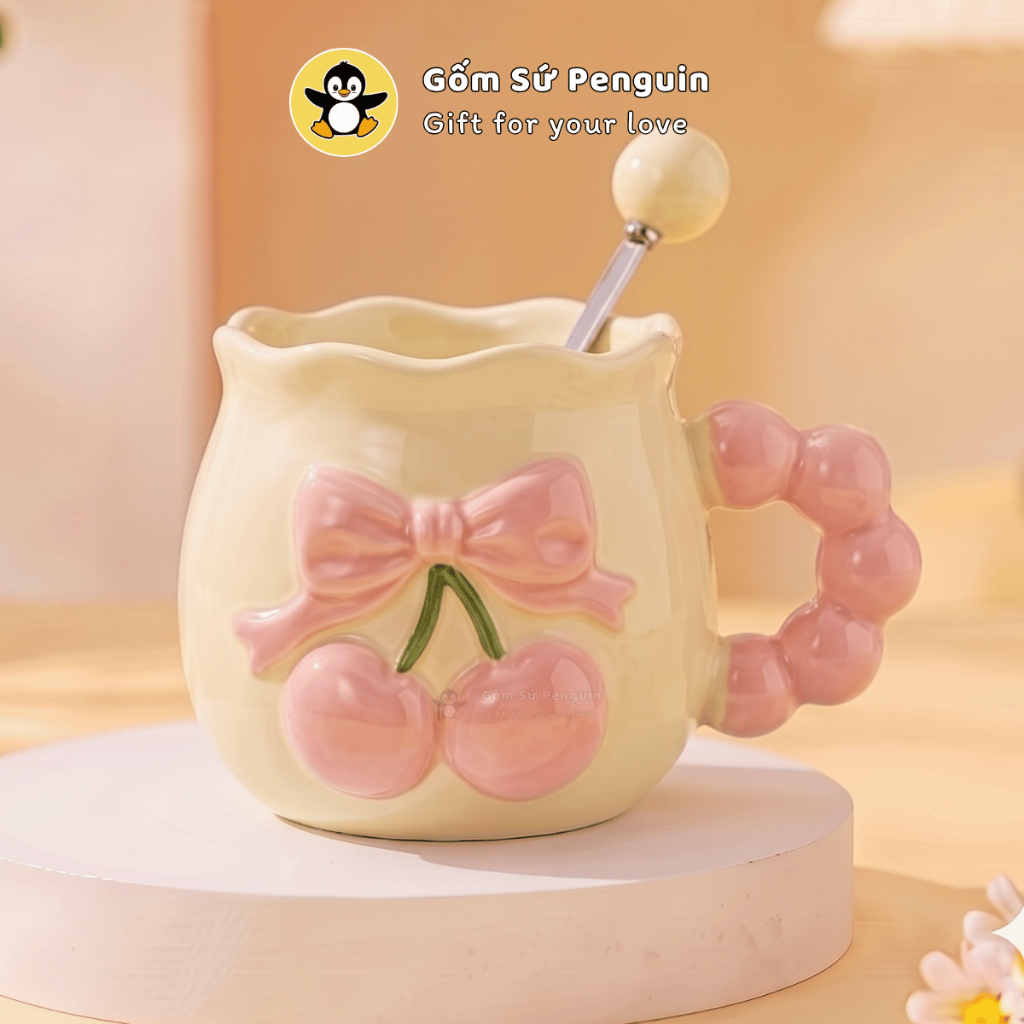 [Penguin] Ly sứ Cherry phong cách Hàn Quốc 250ml cốc sứ quà tặng nữ decor góc học tập