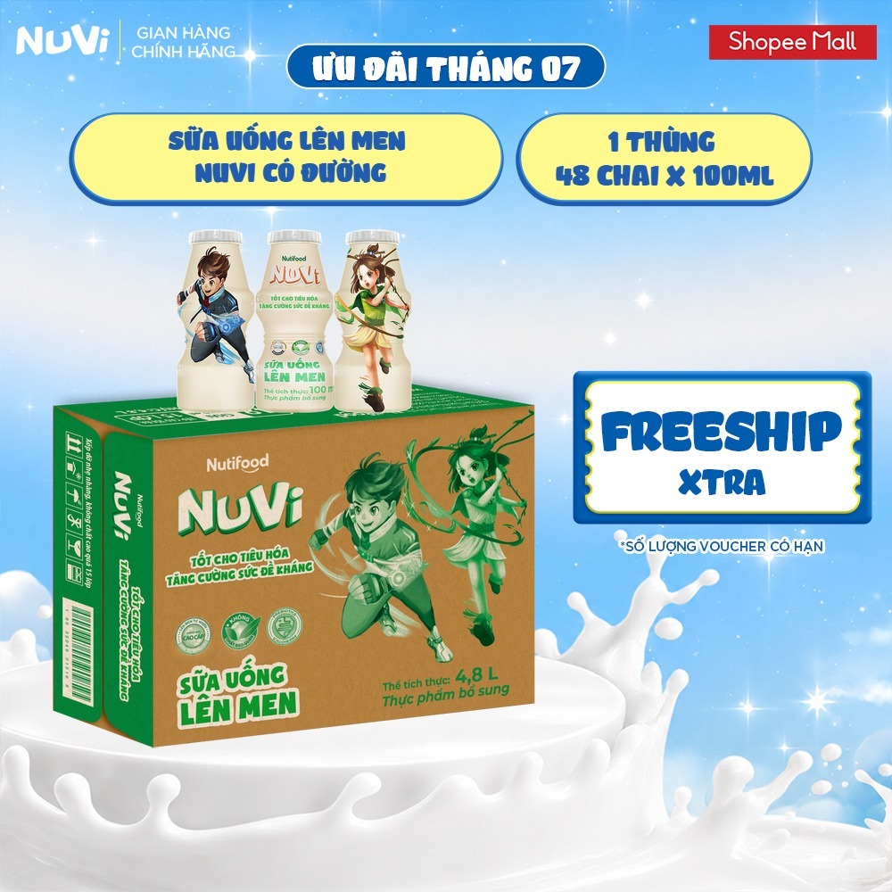 Thùng 48 Chai Sữa Uống Lên Men NuVi Có Đường/Dâu/Cam 100ml