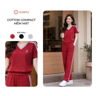 Bộ thể thao nữ SUNFLY cotton compact co dãn thoải mát áo cộc quần dài năng động SS5835