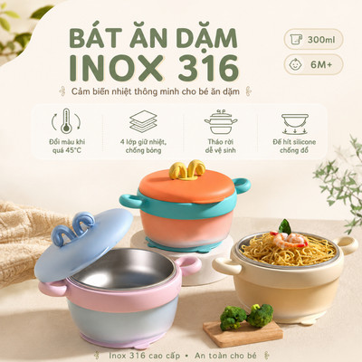 Bát ăn dặm báo nóng và giữ nhiệt Inox 316 cao cấp giúp giữ ấm thức ăn và cảm biến nhiệt thông minh
