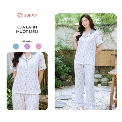 Bộ pijama mặc nhà nữ SUNFLY lụa latin mềm mướt áo cộc quần dài in họa tiết xinh xắn ST9423