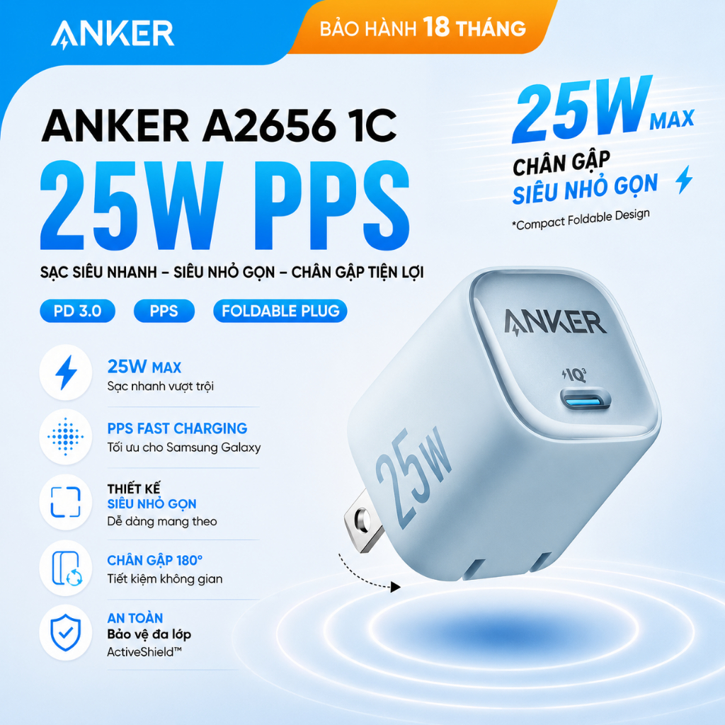 Củ sạc nhanh 25W PPS Anker chân gập nhỏ gọn hỗ trợ sạc nhanh | 1 cổng USB Type-C - A2656