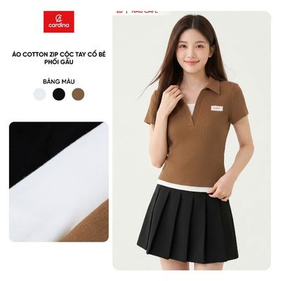 Áo thun nữ CARDINA cotton zip tay cộc cổ bẻ phối gấu 6ATC09