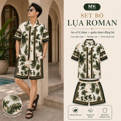 Set Bộ lụa Nam Roman MKCLEVER chất lụa mịn mát, áo thiết kế cổ Cuban thoáng mát, co giãn, form dáng thoải mái, trẻ trung