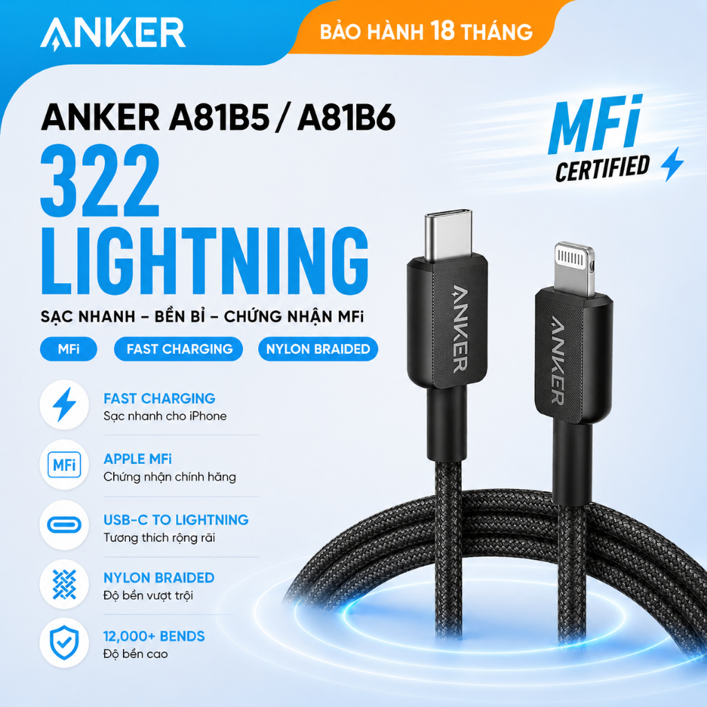 (DÙNG CHO IPHONE 14 SERIES TRỞ XUỐNG) Cáp Sạc Nylon Anker 322 USB-C to Lightning 0.9m/1.8m - A81B5/A