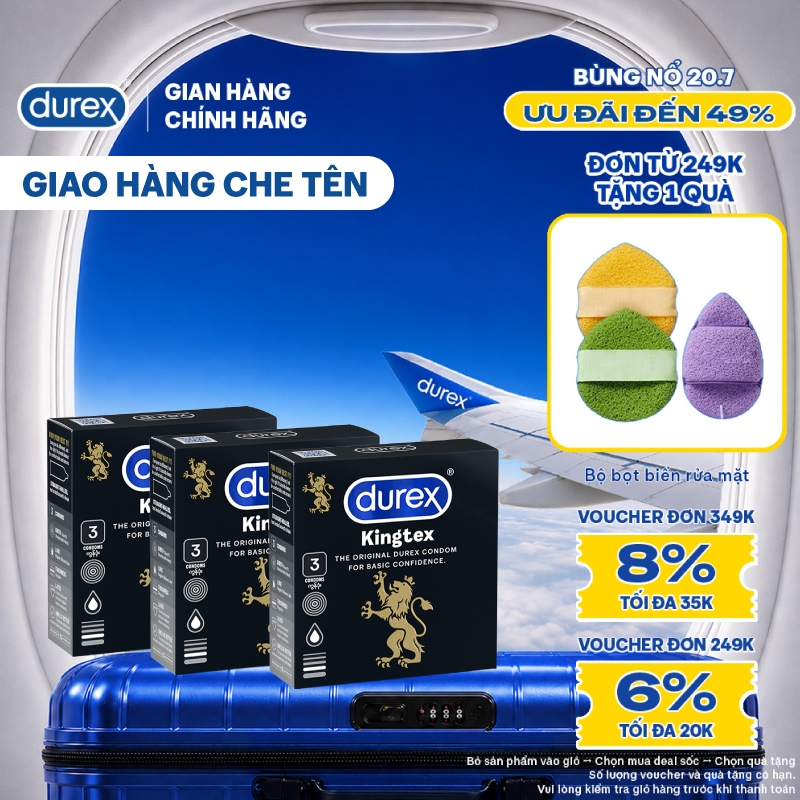 Bộ 3 Durex Kingtex ôm sát, size 49mm 3 bao/hộp