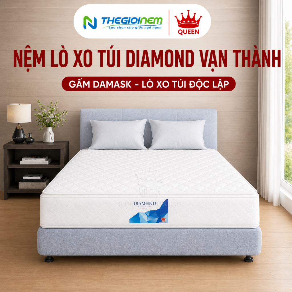 Nệm Lò Xo Túi Diamond Vạn Thành - Lò Xo Túi Độc Lập, Nâng Đỡ Đa Vùng, Bảo Hành 15 Năm, Độ Cao 30cm