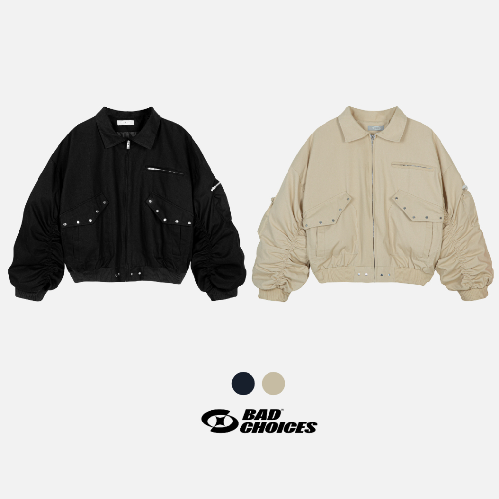 Bad Choices | Áo Bomber boxy STUD BUTTON vải kaki lót dù