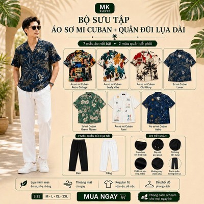 Bộ sưu tập Áo Sơ Mi Cuban và Quần Đũi lụa dài MK CLEVER Đồ bộ nam Form Thoáng Mát, Set Đồ Nam Trẻ Trung Mùa Hè