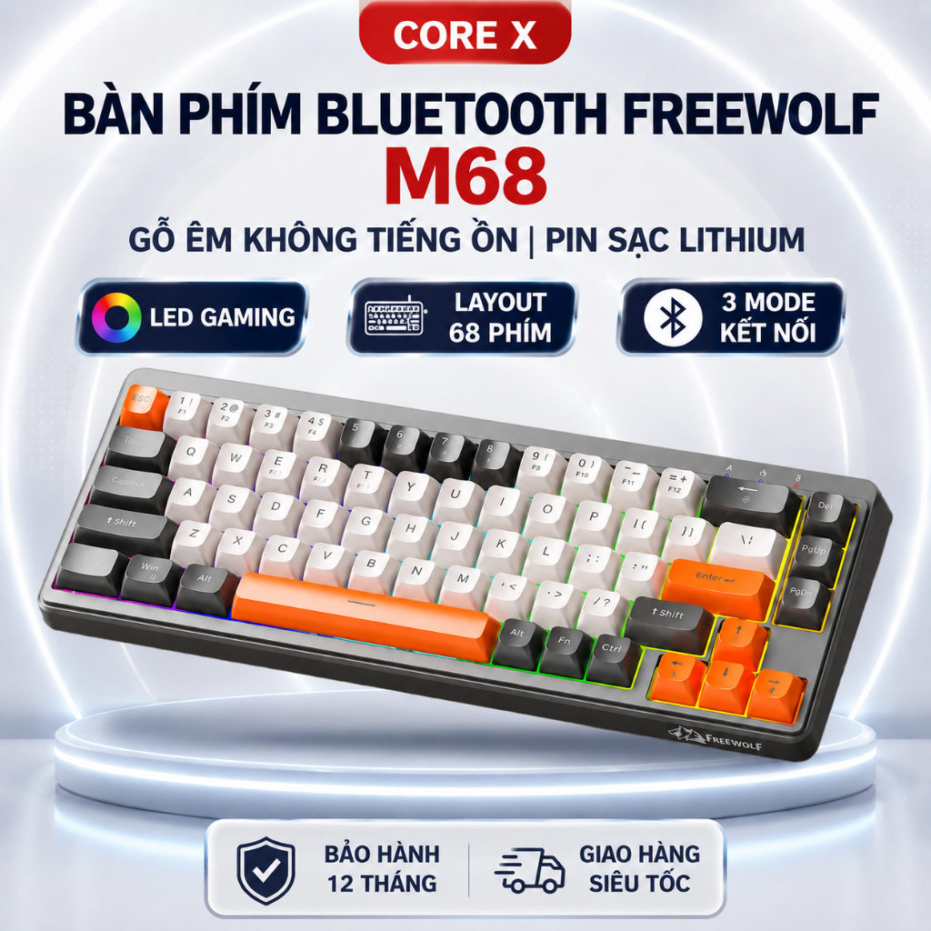 Bộ Bàn Phím Và Chuột Bluetooth FreeWolf M68 LED CoreX Gõ Siêu Êm Pin Sạc Keycap PBT Cho Pc Lap