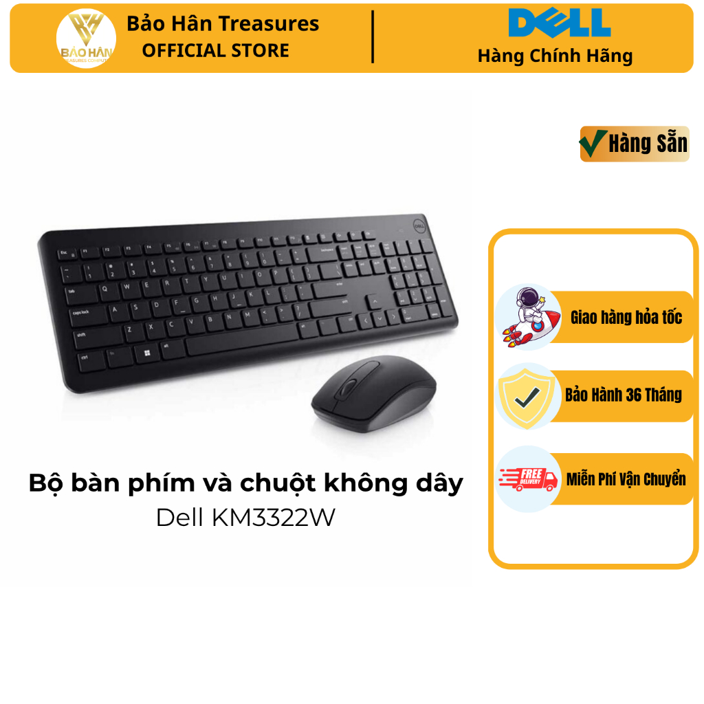 Bộ bàn phím và chuột Dell không dây KM3322W- Đen - Hàng Chính Hãng