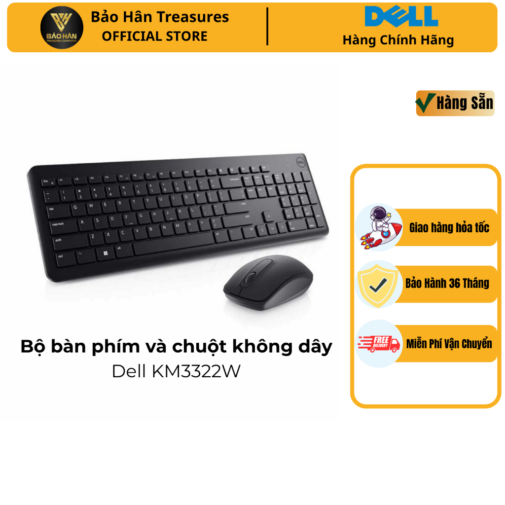 Bộ bàn phím và chuột không dây Dell KM3322W - Hàng Chính Hãng