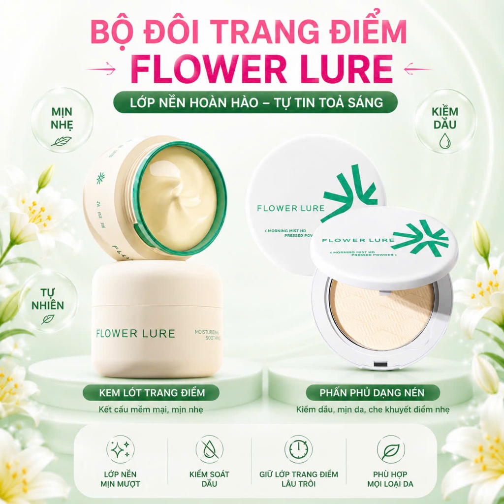 Kem lót trang điểm FLOWER LURE 30g, Phấn phủ nén FLOWER LURE Morning Mist HD 7,2g/16g chiết xuất thu