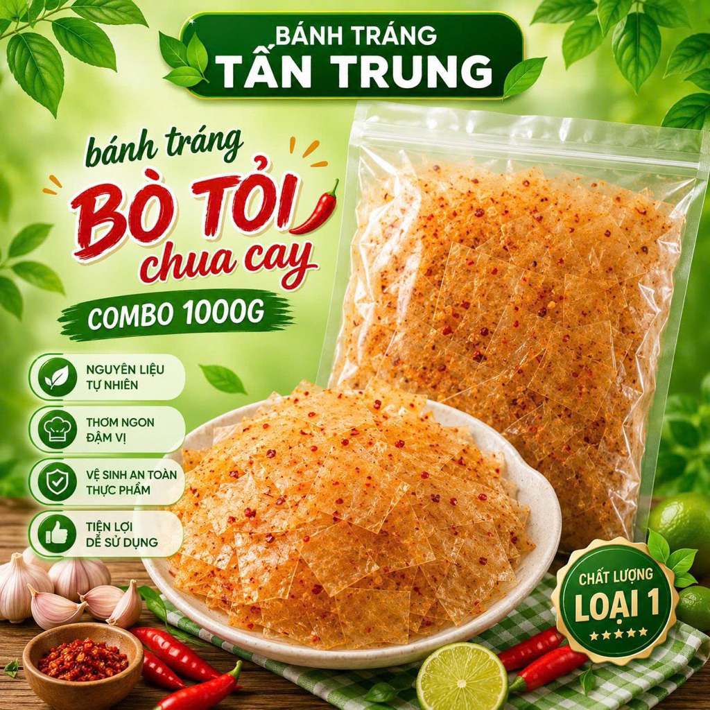 Bánh Tráng Bò Tỏi Chua Cay Combo 1000G - Dai Ngon, Đậm Vị Bò, Tỏi Thơm, Ăn Vặt Cực Cuốn