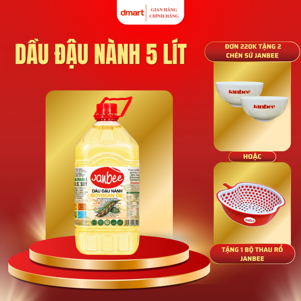 Dầu Đậu Nành Janbee 5 Lít - Dầu Ăn Cao Cấp Nguyên Chất, Giàu Dinh Dưỡng, Không Cholesterol