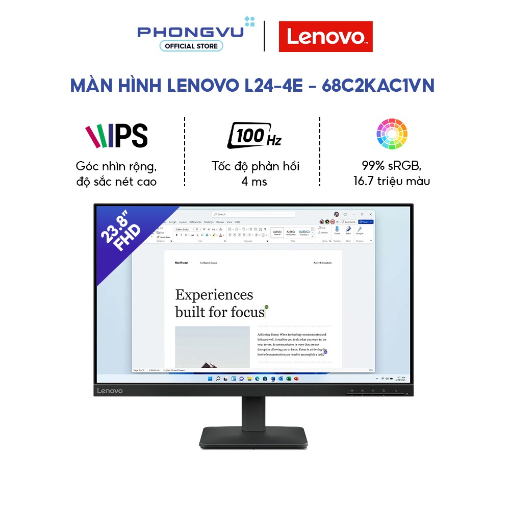 Màn Hình Lenovo L24-4e 23.8 Inch FHD IPS 100Hz - 99% sRGB, 4ms (68C2KAC1VN) - BH 36 Tháng