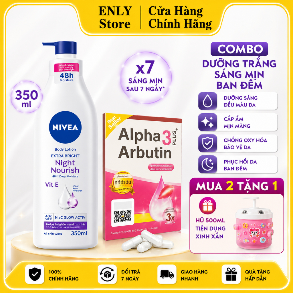 [MUA 2 TẶNG 1] Combo Dưỡng Trắng Mix Vỉ Kích Alpha 3 plus + Nivea Tím Body lotion Extra Bright Night