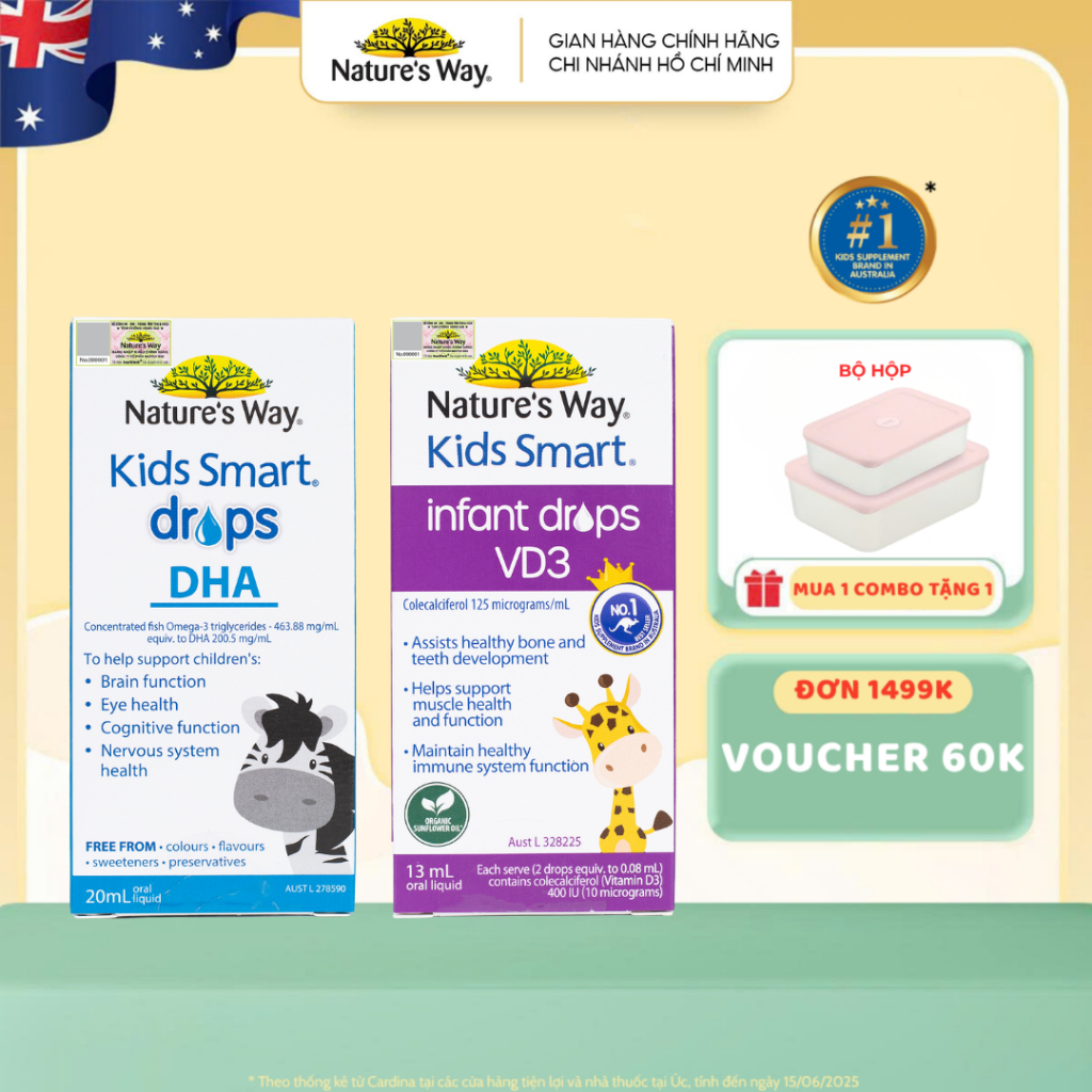 Combo 2 DHA Drops Nature's Way Kids Smart Và Vitamin D3 Infant Drops Hỗ Trợ Phát Triển Não Bộ 20ml/1