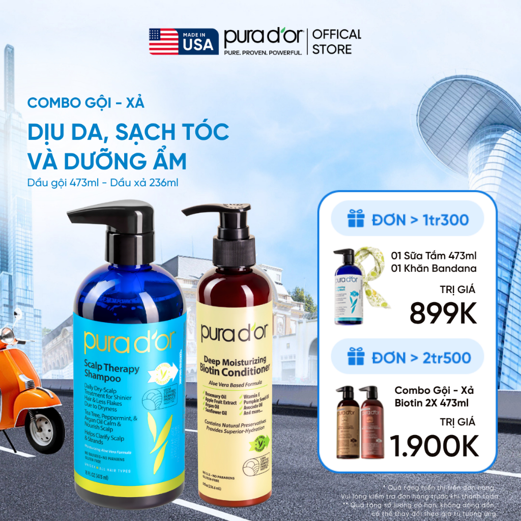 Combo dầu gội dầu xả PURA D'OR Scalp Therapy Dịu da, Sạch tóc và Dưỡng Ẩm