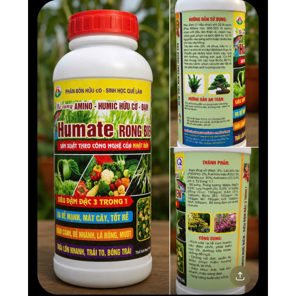 Phân Bón Hữu Cơ Humate Rong Biển Quế Lâm 1L – Amino Humic Kích Rễ, Dưỡng Cây, Ra Hoa Đậu Trái Humate