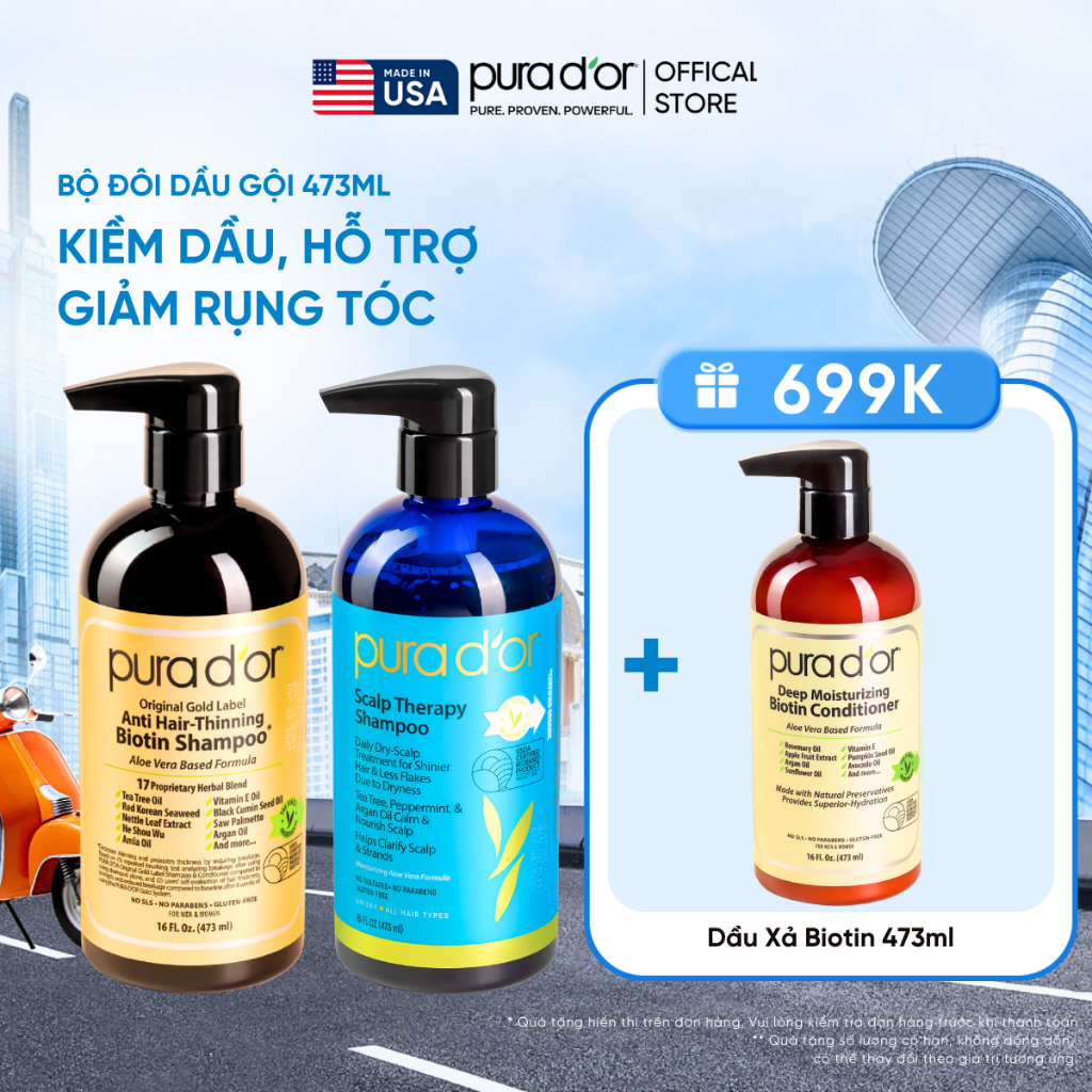 Bộ đôi kiềm dầu, hỗ trợ mọc tóc Pura D'or Original - 473ml