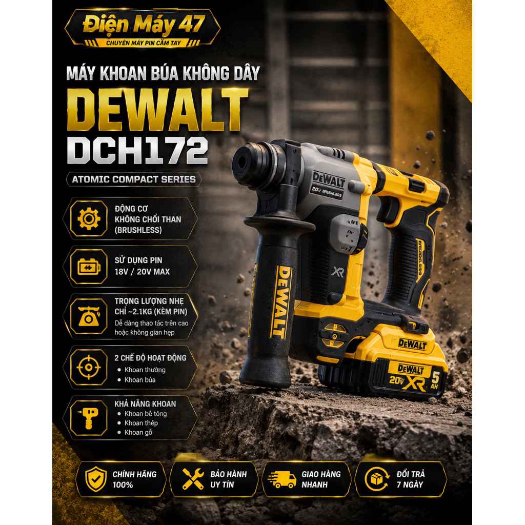 MÁY KHOAN BÚA DÙNG PIN DEWALT DCH172 – ATOMIC COMPACT SERIES | BRUSHLESS | NHỎ GỌN, MẠNH MẼ