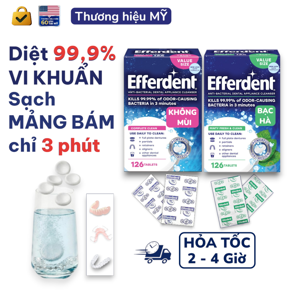 Viên Sủi Efferdent Complete Clean Làm Sạch Khay Niềng Răng Hàm Duy Trì Khay Invisalign