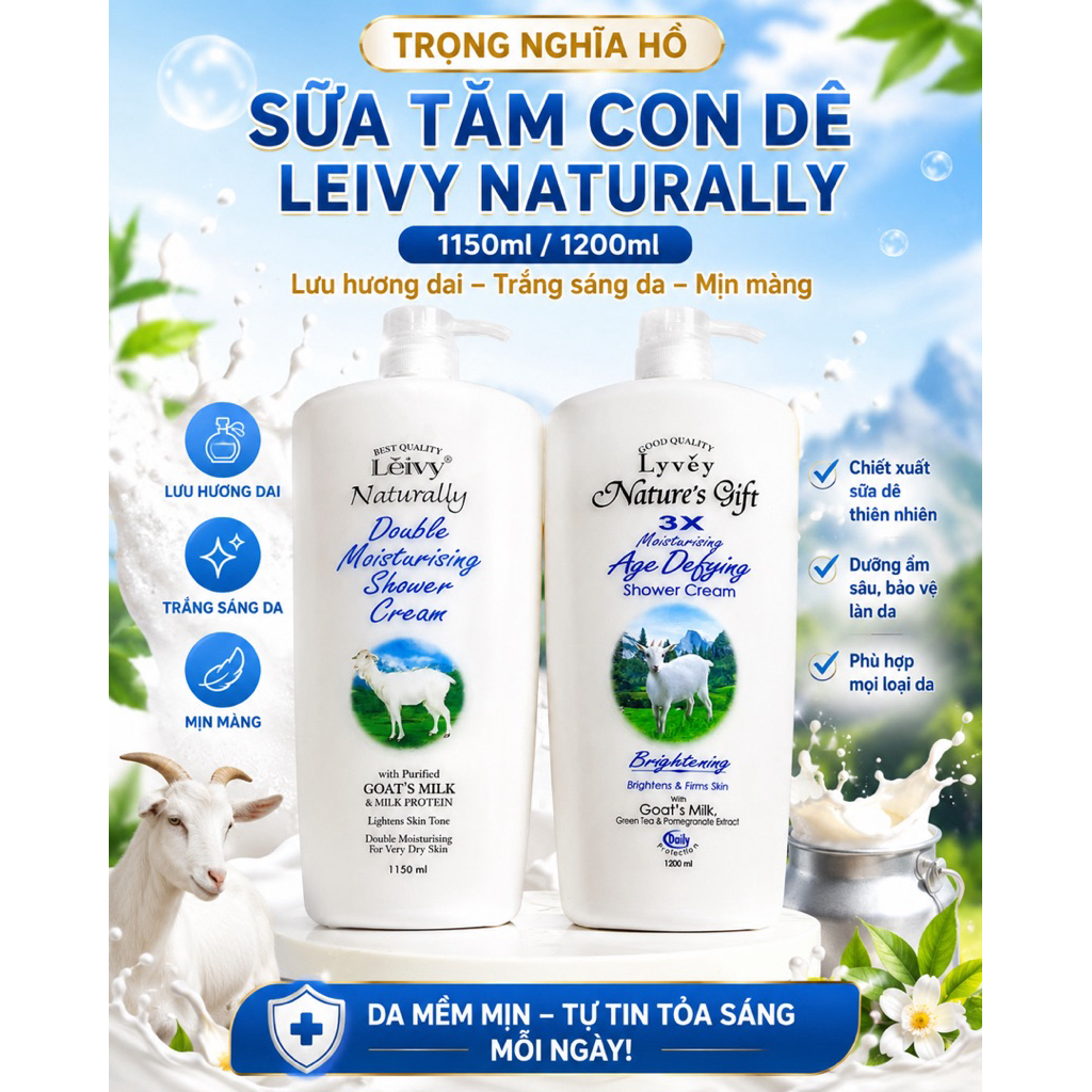 Leivy Sữa tắm dê Naturally 1150ml lưu hương dai giúp trắng sáng mềm mịn da sản xuất tại Thái Lan dun