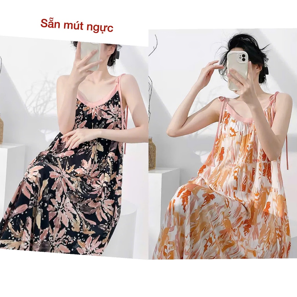 Váy 2 dây liền mút ngực lanh tole mềm mát mặc nhà, mặc ngủ, mặc bầu 2dm