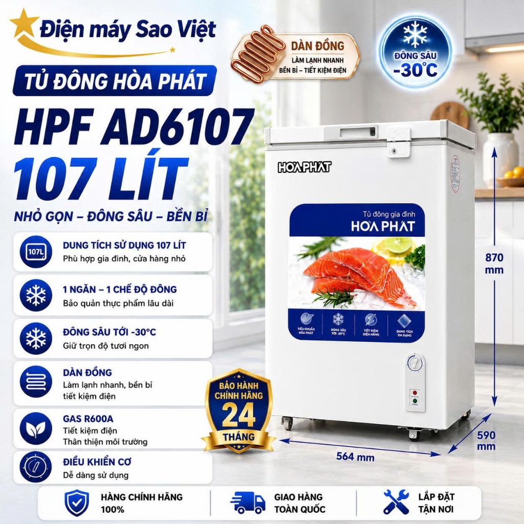 Tủ đông mini Hòa Phát HPF AD6107 107 lít - Bảo hành 24 tháng